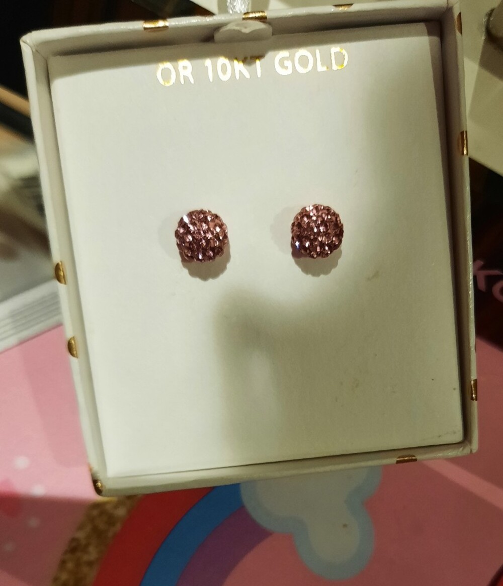 Solid 10K Yellow Gold Pink Crystal Ball Earrings Studs Silicone Comfort Backs